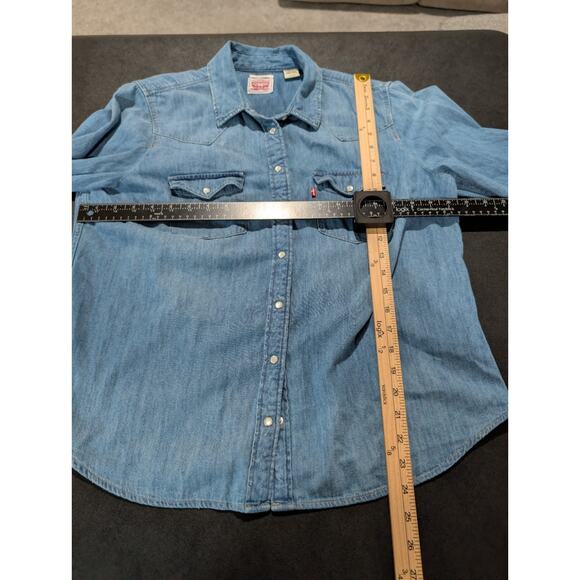 Levis Denim Shirt Women Size XL Blue Sawtooth Pearl Snaps Western Red Tab Rodeo - Picture 12 of 15